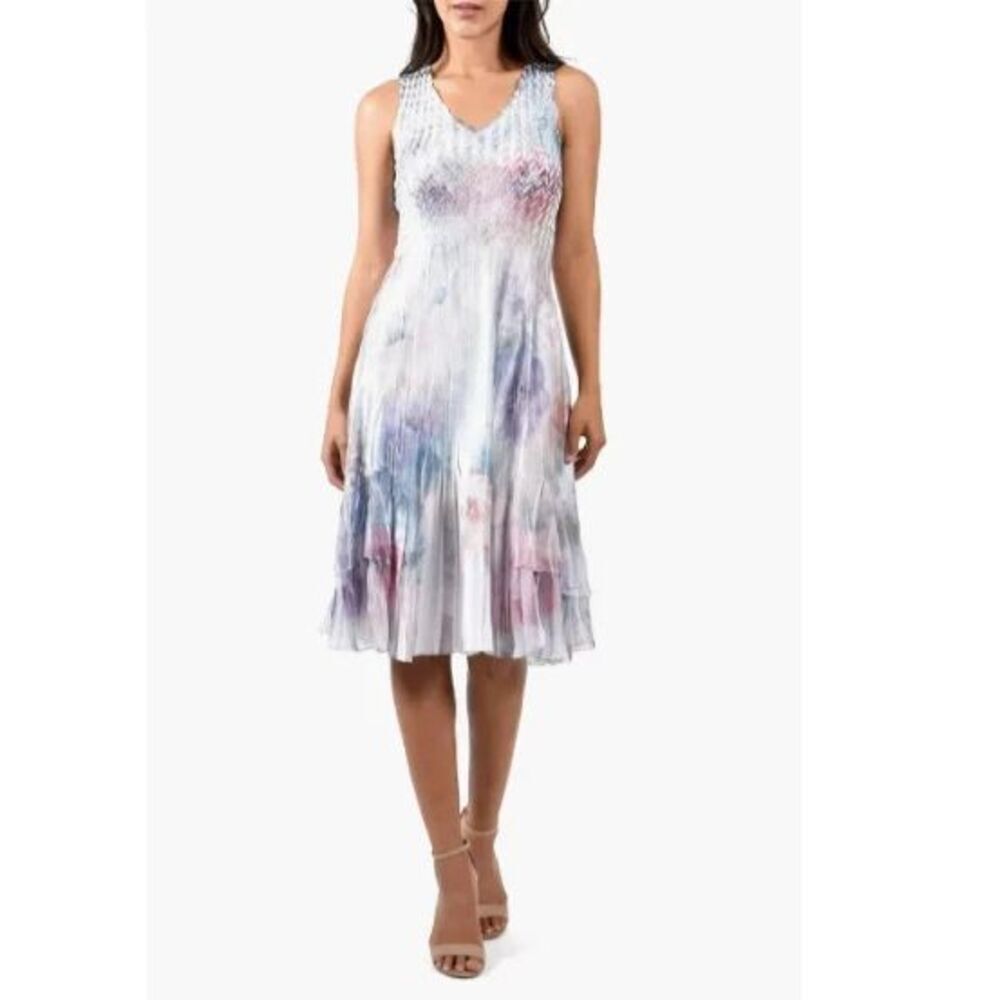 New KOMAROV  Floral Pastel Print Charmeuse Chiffon Cocktail Midi Dress  Large